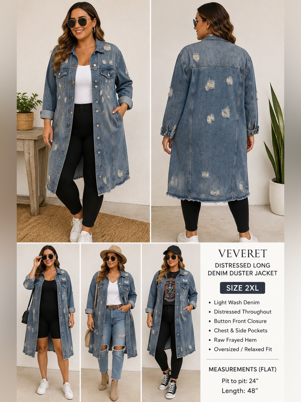 Veveret Distressed Long Denim Duster Jacket 2XL Light Wash Button Front Oversize